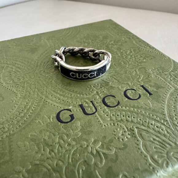 New Gucci Logo Chain Ring Silver Black Enamel Sz 10 IT 5 US - Picture 7 of 11